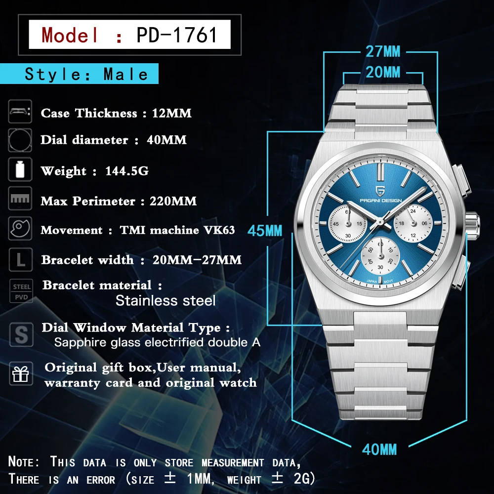 PAGANI DESIGN New 40MM Classic Mens Quartz Watches VK63 Stainless Steel Waterproof Luminous Luxury Casual Chronograph Watch