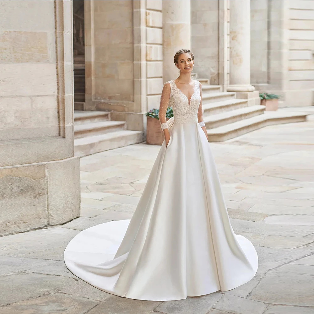 

Customized Glamorous Dresses 3/4Sleeve V-Neck Appliques Lace A Line Sweep Train Wedding Bride Gown Vestidos De Novia With Bow