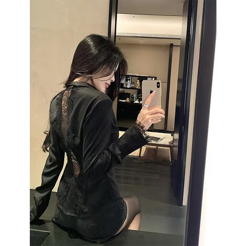 

Женские блузки MEXZT: черные атласные рубашки в уличном стиле, модные сексуальные белые блузки с кружевными вставками, элегантные корейские топы с длинным рукавом, облегающие