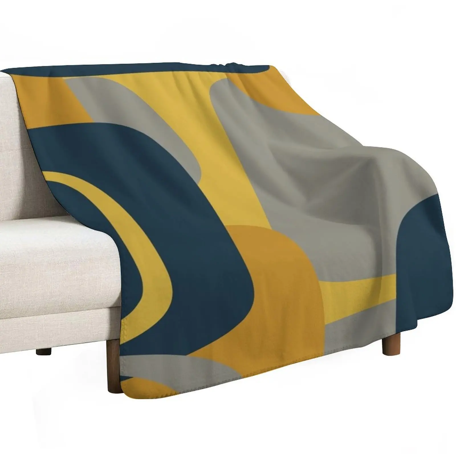 Mid Century Modern Retro Abstract Pattern in Navy Blue, Mustard Yellow, and Gray Throw Blanket Picnic Moving Blankets