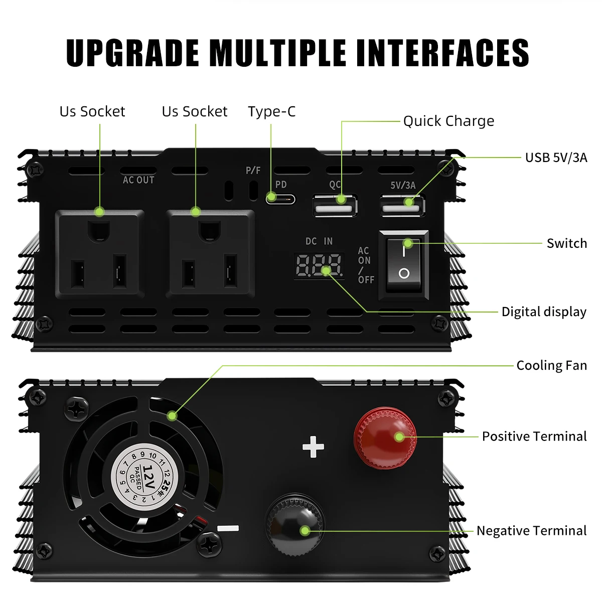 محول عاكس عالي الطاقة 4000 وات، محول عاكس موجة معدل، 12 فولت 110 فولت 60 هرتز، 2 مآخذ تيار متردد مع واجهة TYPE-C #6