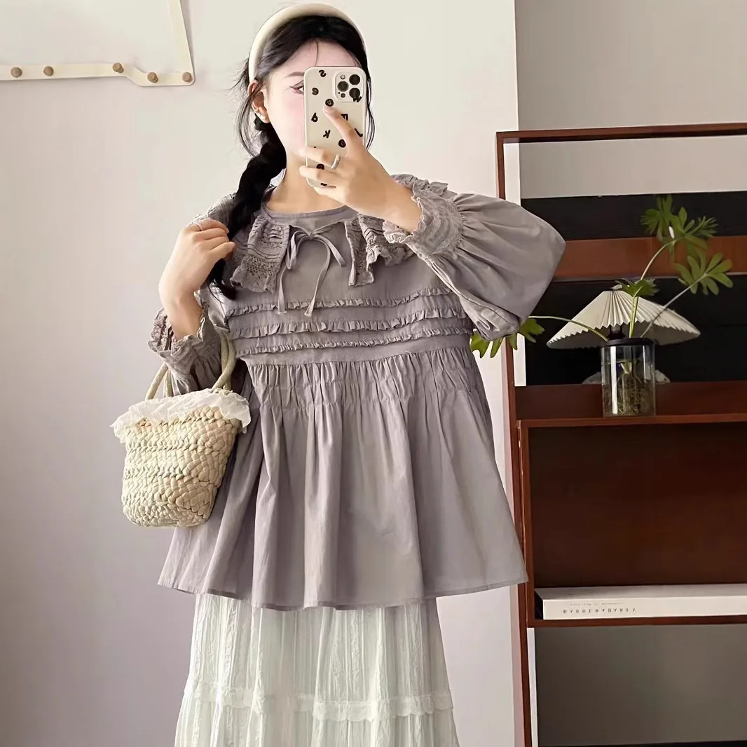 Spring New Japanese Sweet Mori Girl Embroidery Peter Pan Collar Shirts Women Long Sleeve Solid Color Casual Loose Tops