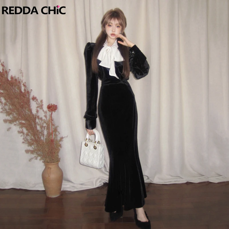 

ReddaChic Women Blouse Top Skirt 2-piece Set Bow Bandage Shirt High Waist Fishtail Long Skirt Elegant Retro Black Velvet Suit