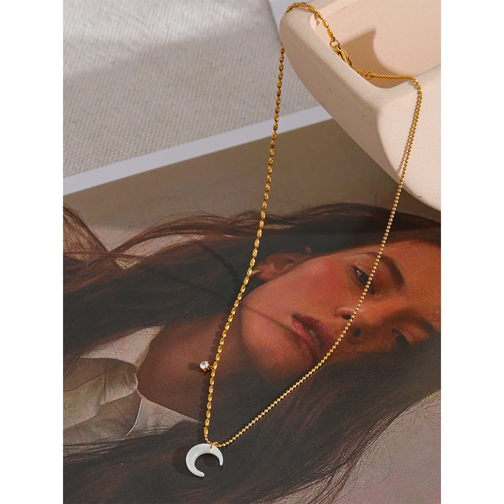 Yhpup Stainless Steel White Shell Moon Pendant Chic Necklace Unique Gold Color Beads Chain Zircon Collar Charm Delicate Jewelry