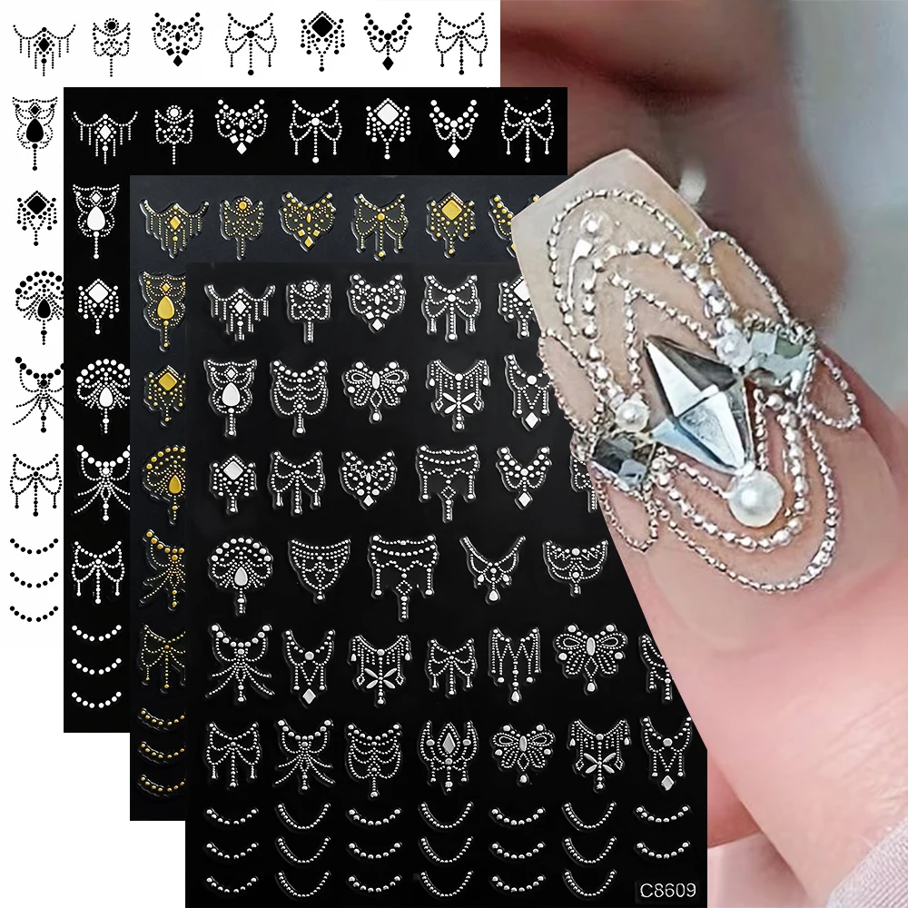 4Pcs/set Gold Sliver Metal Moon Necklace Nail Stickers 3D Bronzing Heart Star Sun Adhesive Sliders DIY Nail Art Butterfly Decals