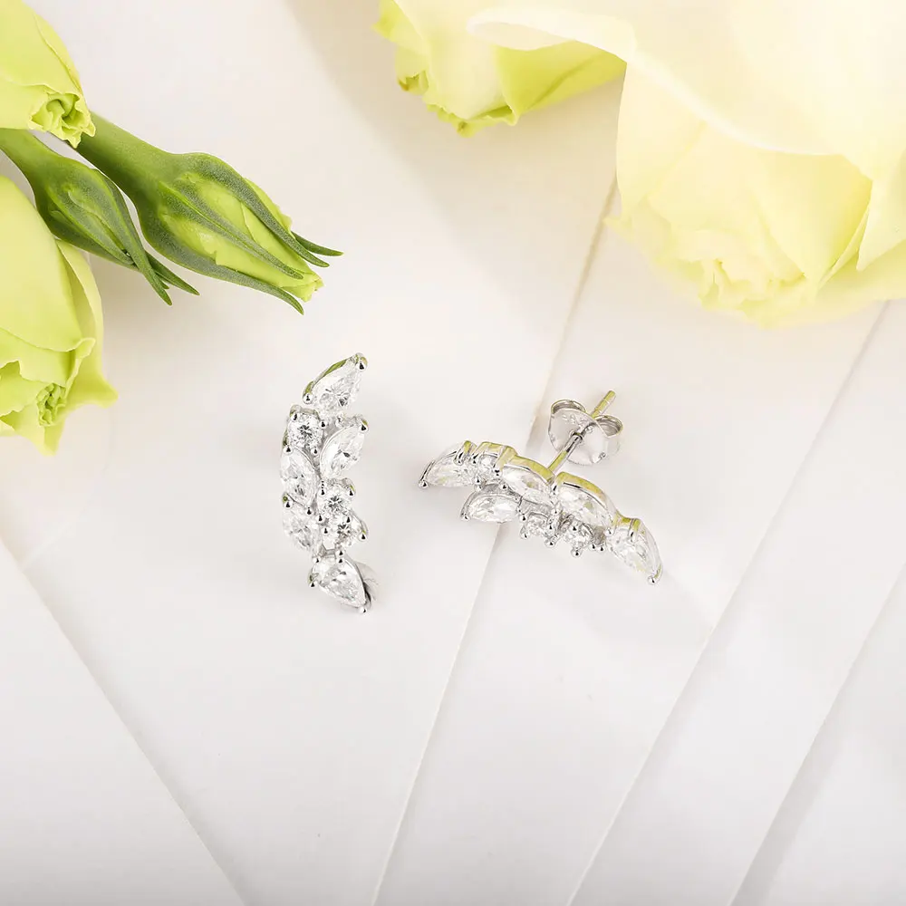 XCY Sparkling Moissanite Earrings for Women 925 Sterling Silver Hypoallergenic Leaf Ear Crawler Wedding Party Fine Jewelry Gift