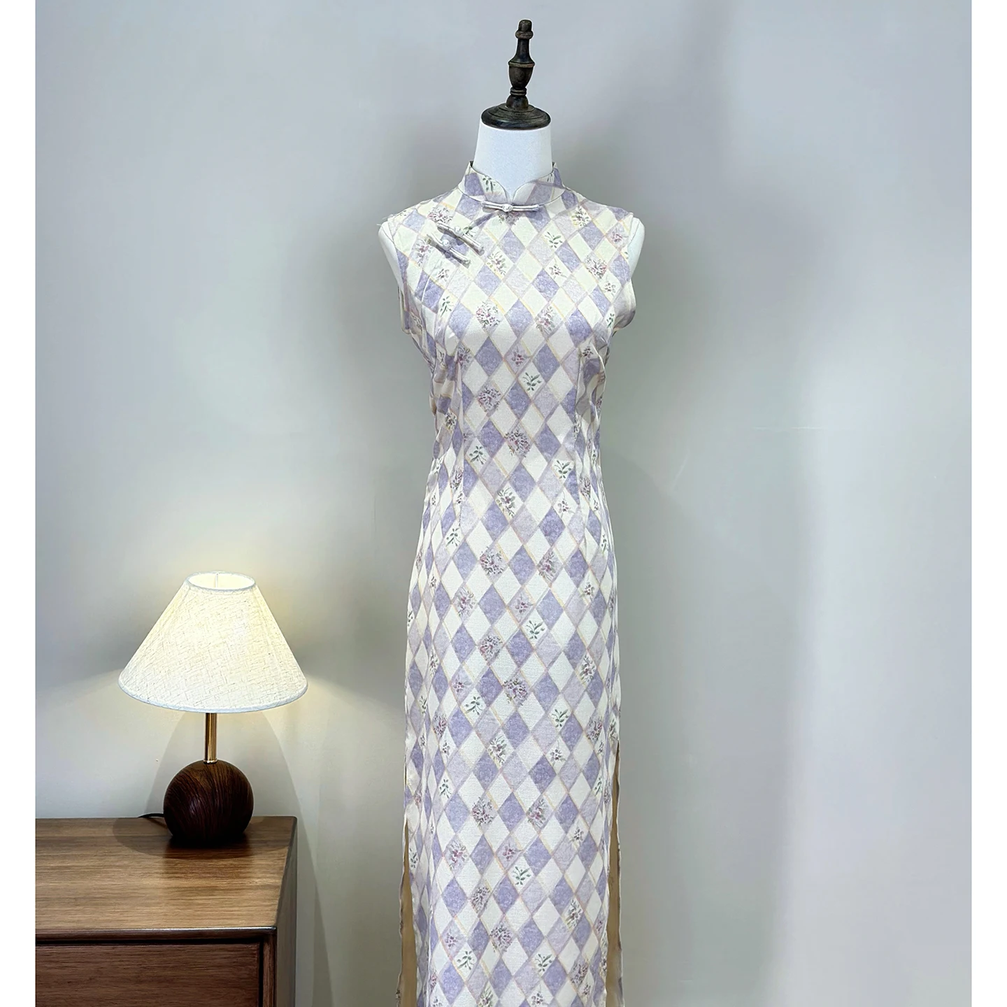

New Chinese Style Summer Sleeveless Rhombus Patterned Women's Dress Retro Style Daily Wear Long Skirt Traditional D...