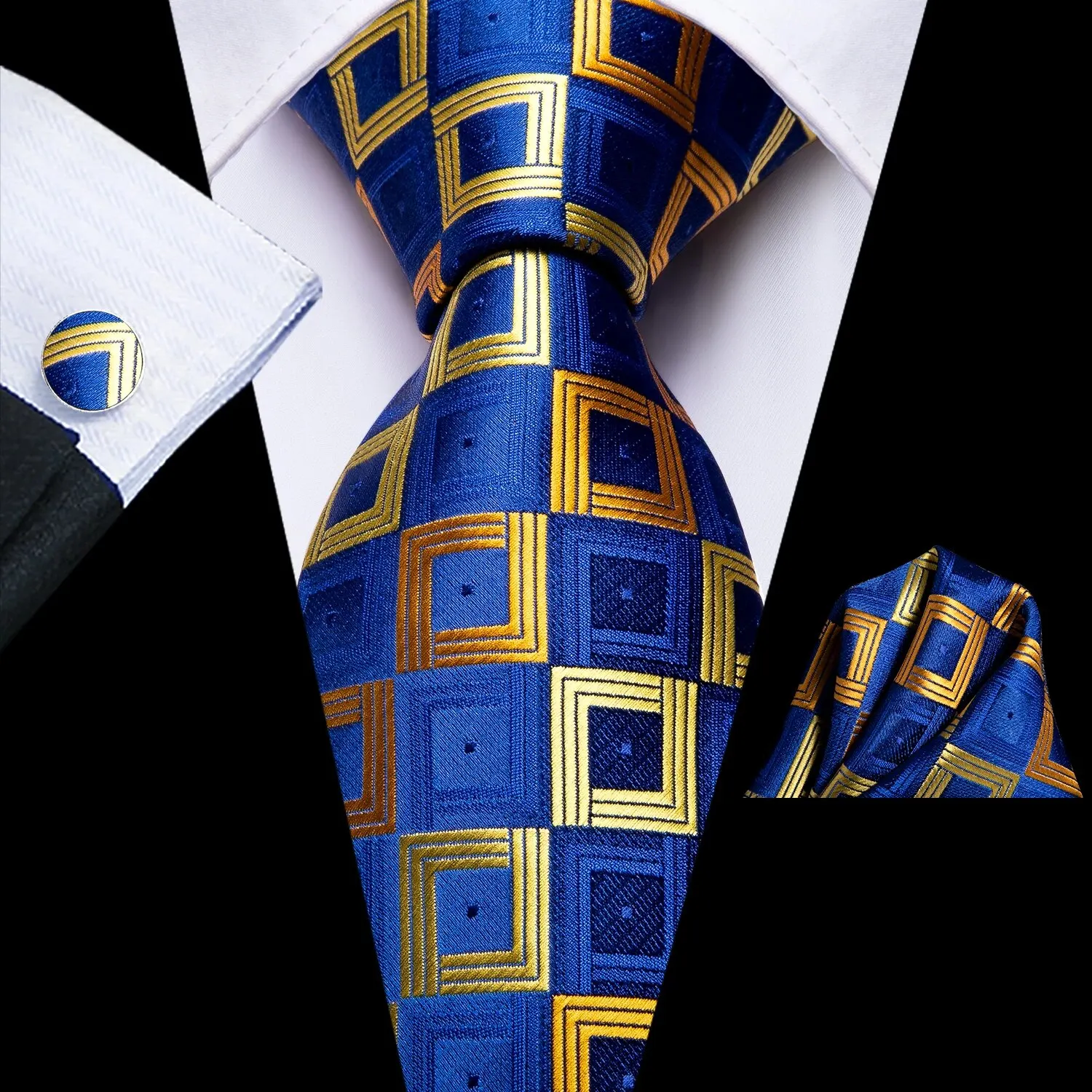 Hi-Tie Royal Blue Golden Fashion Męskie krawaty w kratę Elegancki zestaw krawatów Żakardowy tkany krawat Spinki do mankietów na wesele Impreza