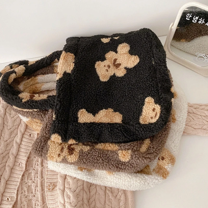 E74B Fashion Winter Imitation Lamb Hair Shoulder Bag Women Cartoon Bear Plush Handbags Casual Shopper Bag Women for Totes Gif