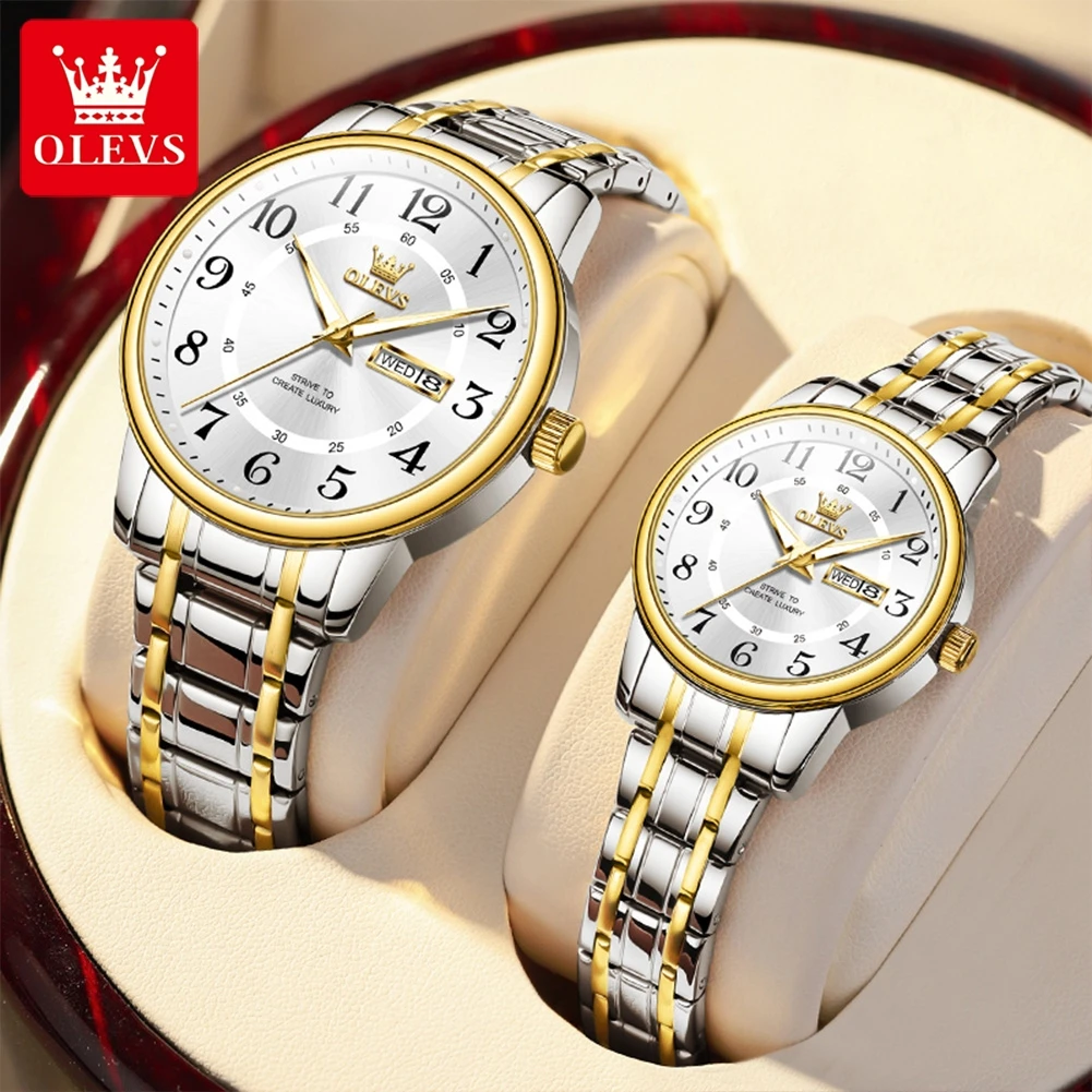 OLEVS 2891 Couple Watch Men Women Classic Digital Dial Steel Strap Waterproof Watches Luxury Original Quartz Lover's Wristwatch