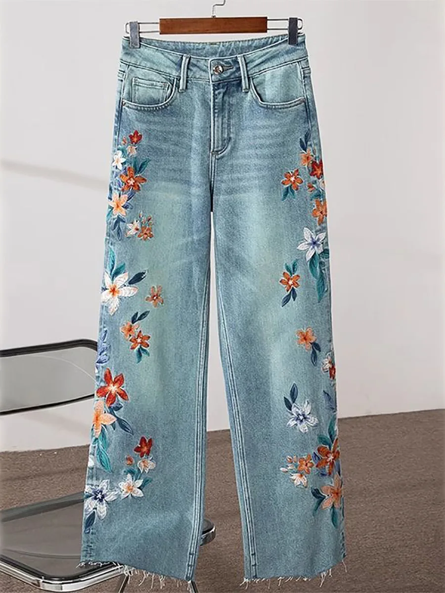 2024 Summer New Floral Embroidered Jeans For Women Casual Slim Versatile Denim Pants Straight-leg American Retro Wide Leg Pants