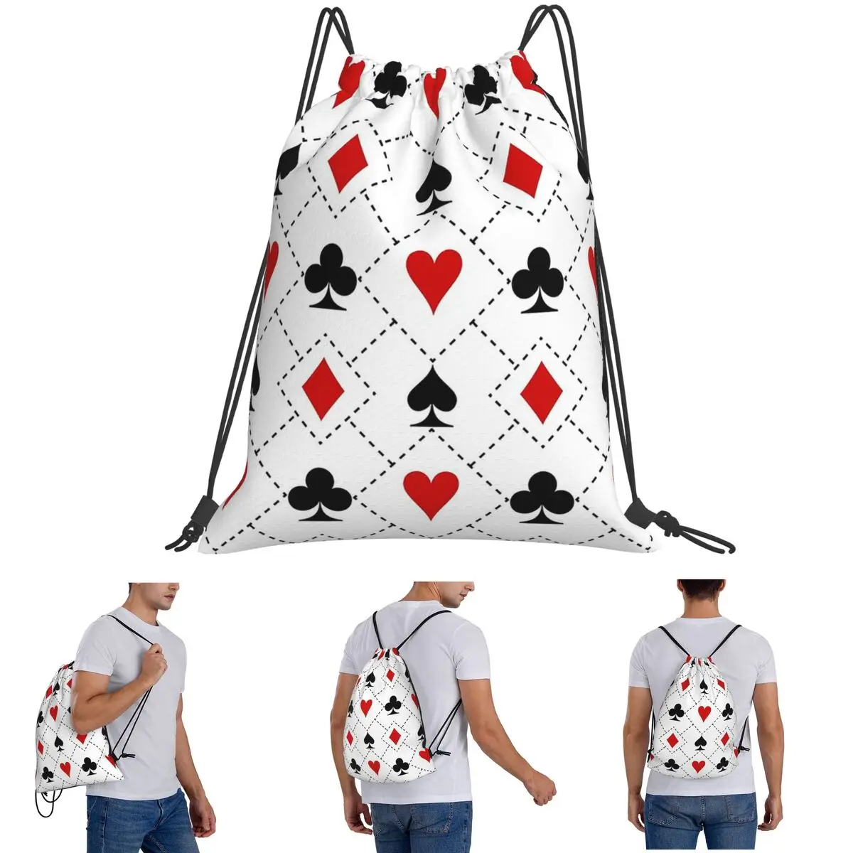 Playing Cards Suit Symbols Pattern Backpacks Portable Drawstring Bags Sports Bag Book Bags for Travel Students