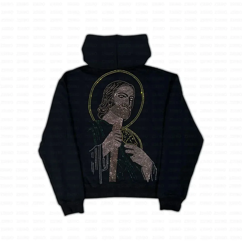 

Y2K Angel Rhinestone graphics zip Hooded Sweatshirt Men hoodies Harajuku Goth Oversized hoodie Grunge Women clothes Zipper Coat