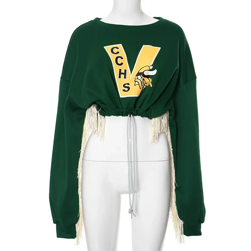Women Letter Print Tassel Short Hoodies Autumn Winter Fashion Drawstring Loose Casual Streetwear Sweatshirts Female Graphic Tees