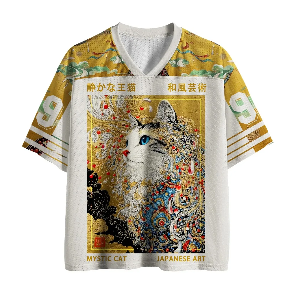 Ukiyo-e Harajuku Cat 3D Printed Men Women V-neck T-Shirt Outdoors Street Fashion Loose Fit Quick-Drying Breathable Parent-Child