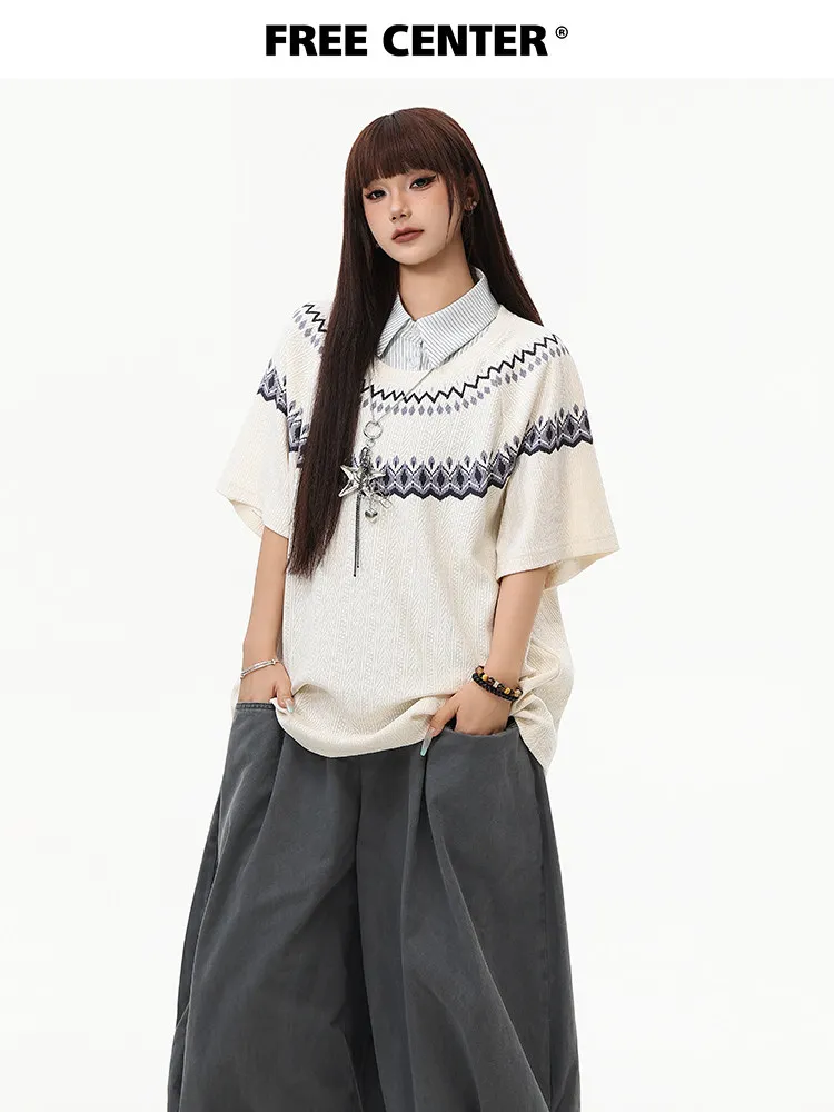 Women Sweater 2026 Summer New Fair Isle Fake Two-piece Short Sleeve Unisex Raglan Sleeve Retro Wheat Jacquard Half Sleeve Tops