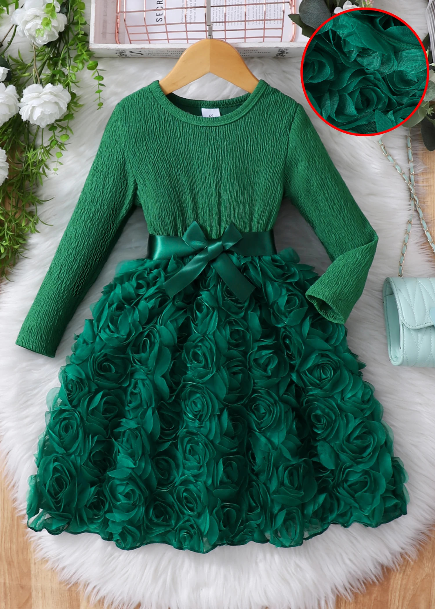 Vestido rosa verde para niñas de 2 a 7 años - Con fajín de satén | Regreso a la escuela, diario, salidas y reuniones