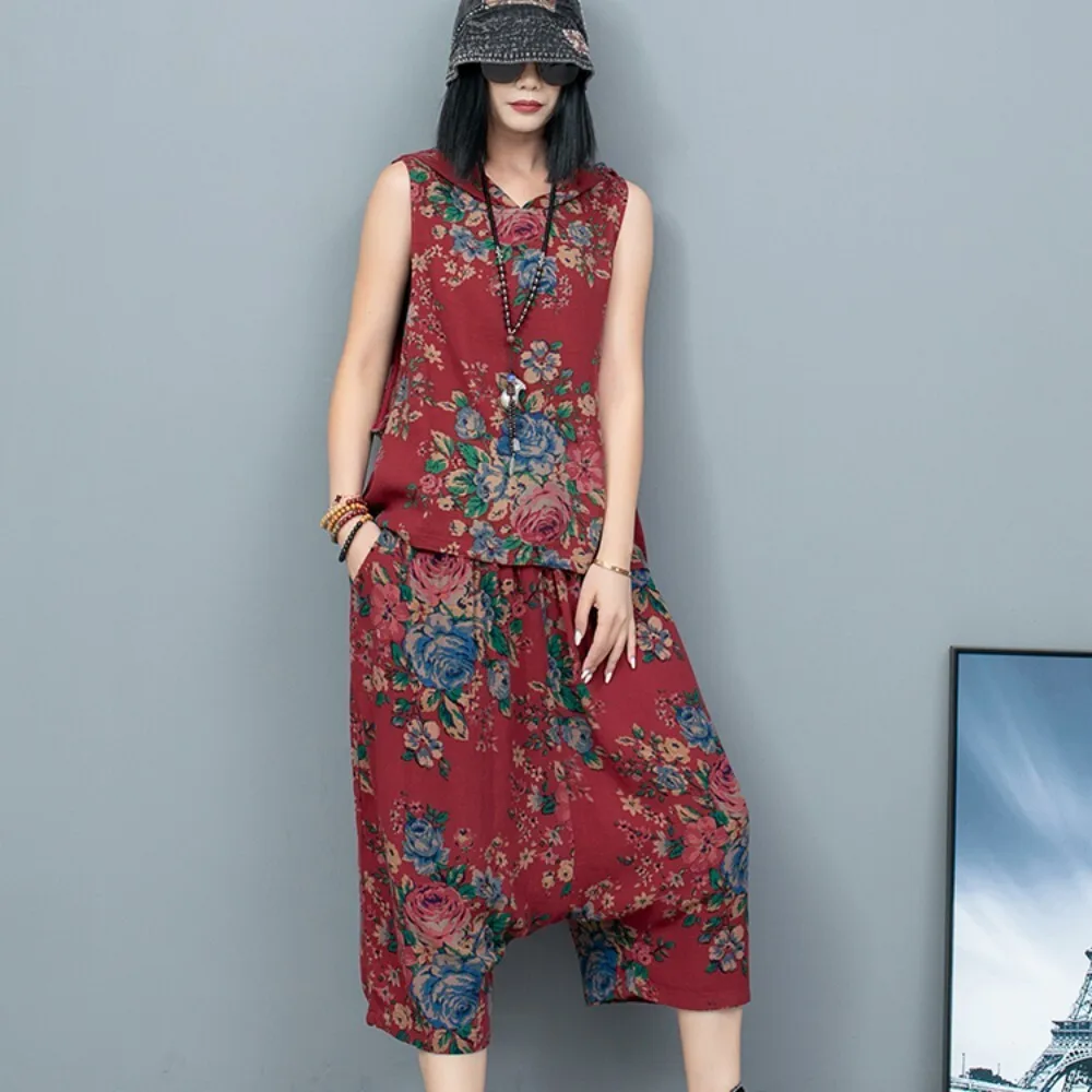 Chinese Style Northeast Large Flower Hooded Sleeveless Vest + Cropped Pants Two Piece Set Women Outfit 2024 Summer LX1310