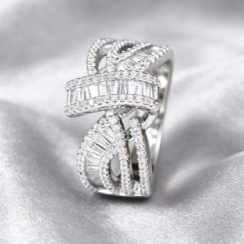 2026 New European and American White Gold Full Zirconia Ring, Light Luxury Multi-layer Ladder Square Zirconia Women's Accessory