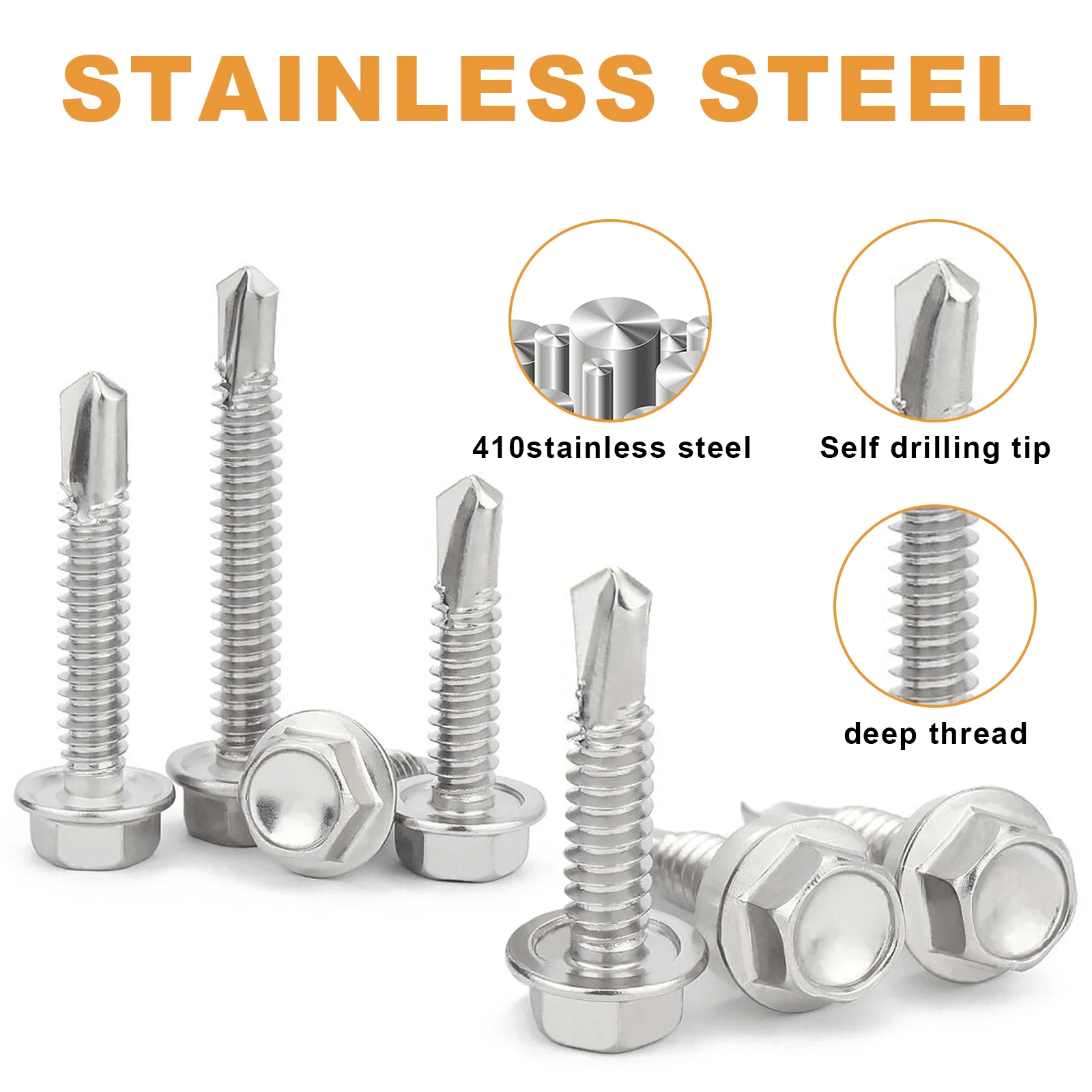 80PCS Tapping Screw Outer Hexagon Washer Head, 410Stainless Steel Plate Tek Screw, With Drilling Point, Outer Hexagon Drive