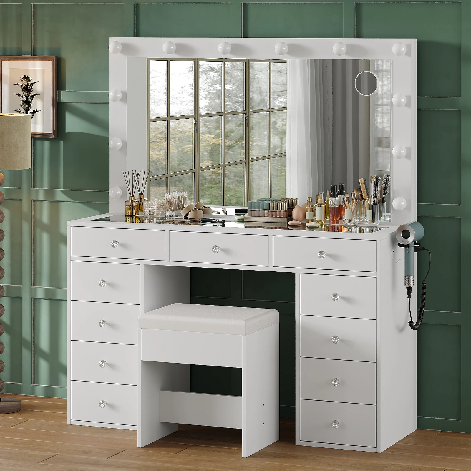 Farmhouse Vanity Table Set with LED Lighted Mirror, 3 Adjustable Brightness Levels, Multiple Storage Drawers & Open Shelves, Scratch-Resistant Tempered Glass Tabletop with USB Charging Port