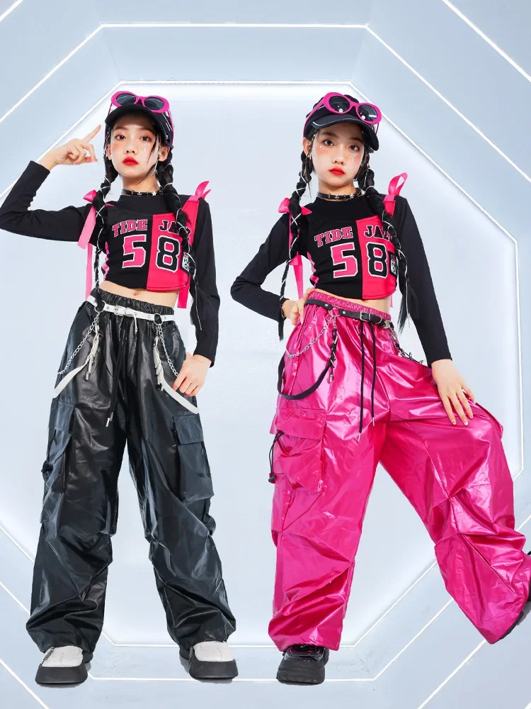 Neues Mädchen-Hip-Hop-Crop-Top, glänzende Cargohose, T-Shirt, Street-Dance-Shorts, Kinder-Streetwear, Kinder-Jazz-Mädchen-Gruppen-Kleidungssets – Detail 3
