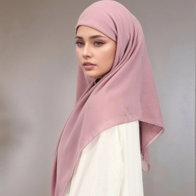 풀 쉬머 보우 라인스톤 스퀘어 스카프 여성용 부드러운 코튼 보일 히잡 무슬림 솔리드 플레인 인스턴트 히잡 헤드스카프 110*110cm