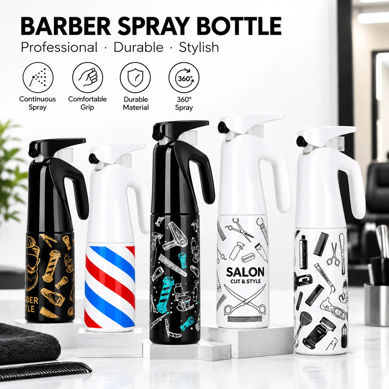 Professional Barber Spray Bottle 360° Continuous Mist Hair Salon Stylist Water Sprayer Durable Refillable Tool