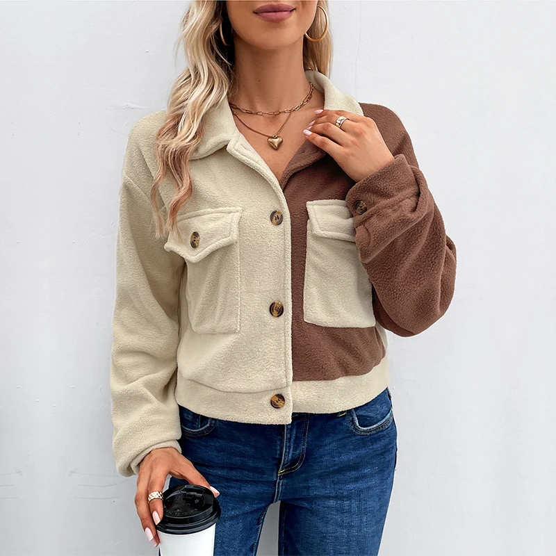 

Women's Yellow Brown Color Block Fleece Jacket with Lapel Button Front and Pockets Autumn Casual Fashion Slim Fit