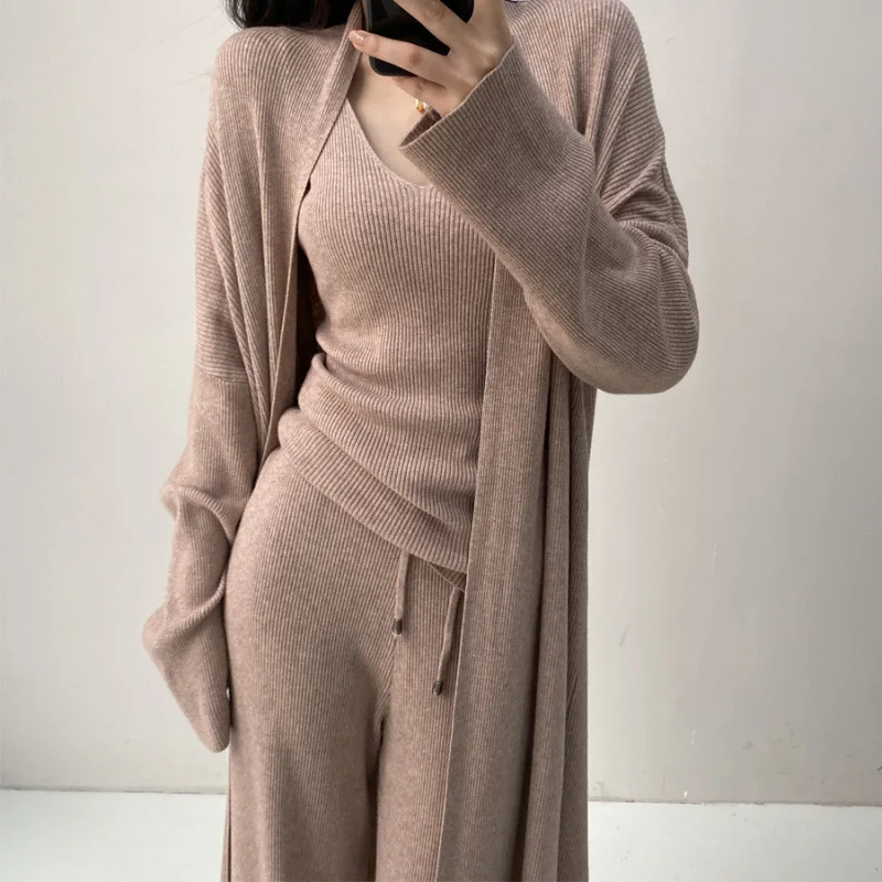 2025 winter warm thicken knitted 3 pieces sets for women clothing korean casual v neck vest+knitted cardigans+wide leg pant sets