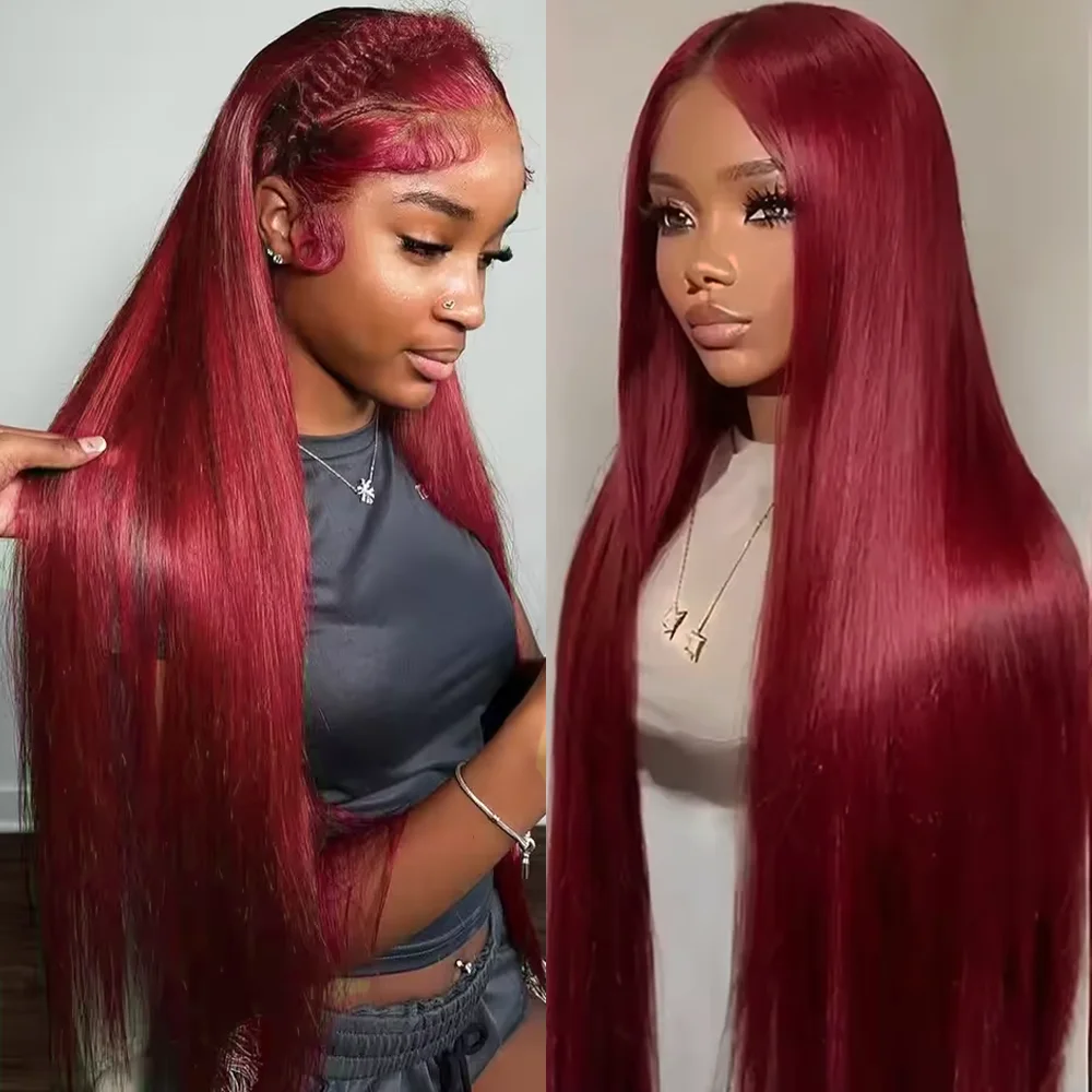 

Длинный прямой парик из натуральных волос HD Lace Front, 30-36 дюймов, цвет 99J Бордовый, 13x6 Lace Front, бразильские парики из натуральных волос для чернокожих женщин