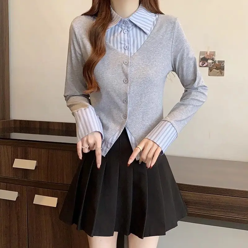 Women’s Striped Cropped Shirt Fake Two Piece Polo Collar Spliced Design Youthful Elegant Style Spring 2026 Office Casual Blouse