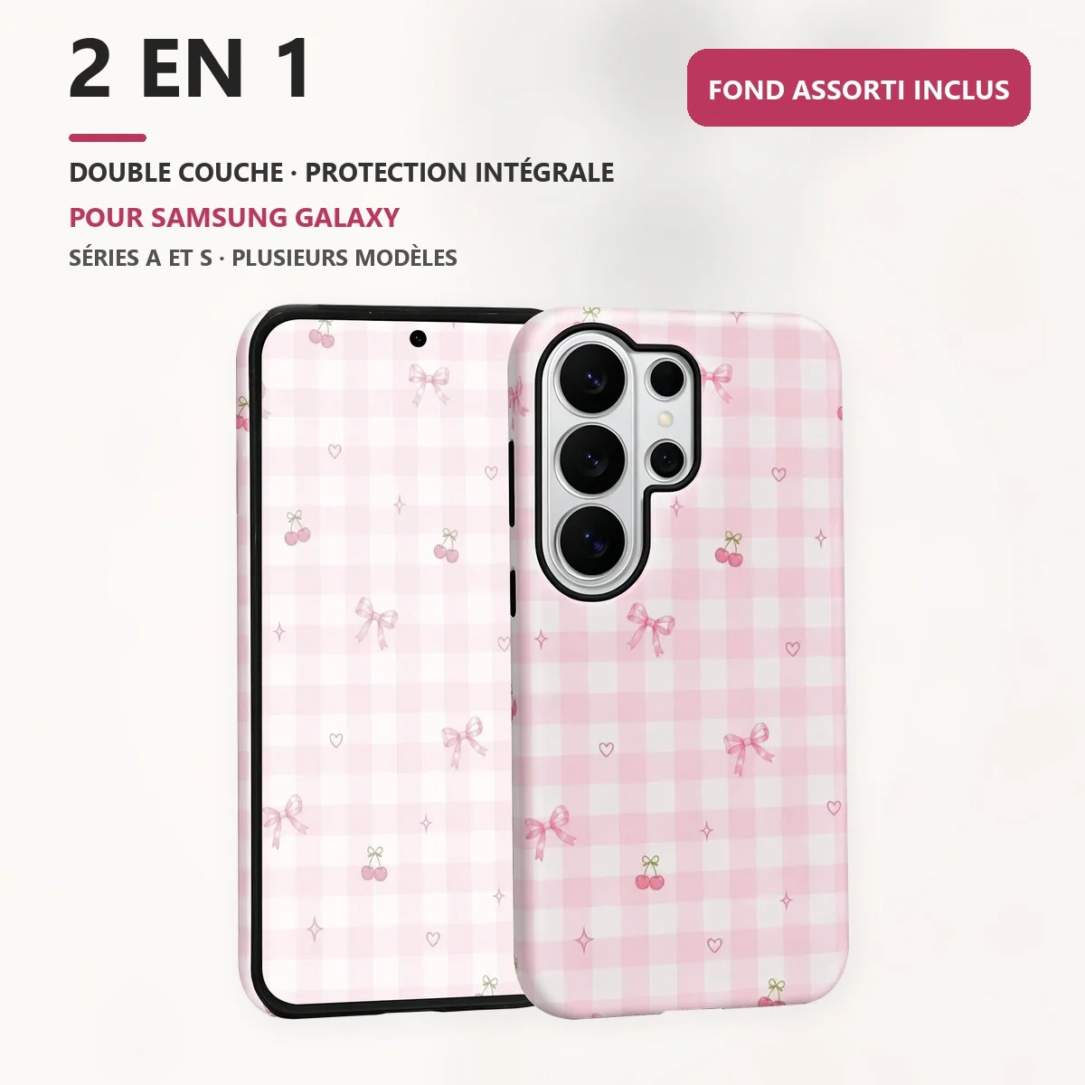carreaux roses 2-in-1 Double Couche Coque de Téléphone pour Samsung Galaxy S26 S25 S24 Plus Ultra FE S20 FE A56 A17 A16 A15