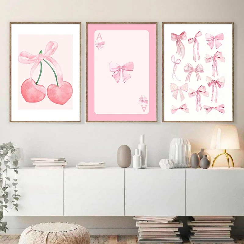 Trendy Pink Bows Cherry Butterfly Fashion Poster Watercolor Bows Print Canvas Painting Wall Art Picture for Girly Room Decor