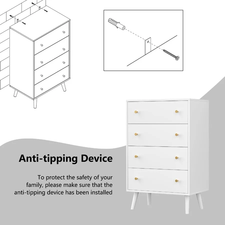 خزانة ملابس بيضاء حديثة بمقابض ذهبية لغرفة النوم، خزانة ذات أدراج ذات 4 أدراج مثالية لتخزين غرفة النوم وتنظيم أنيق #5