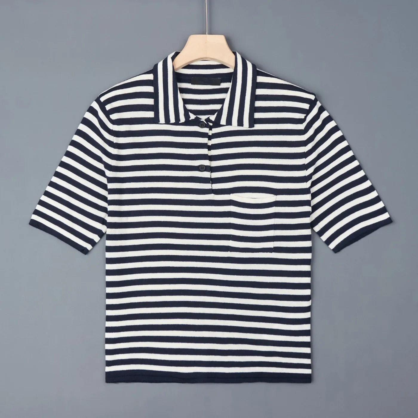 Classic Striped Cotton Knitted Short Sleeve T-Shirt Casual Flip Collar Pocket Design Breathable Summer Women's Top