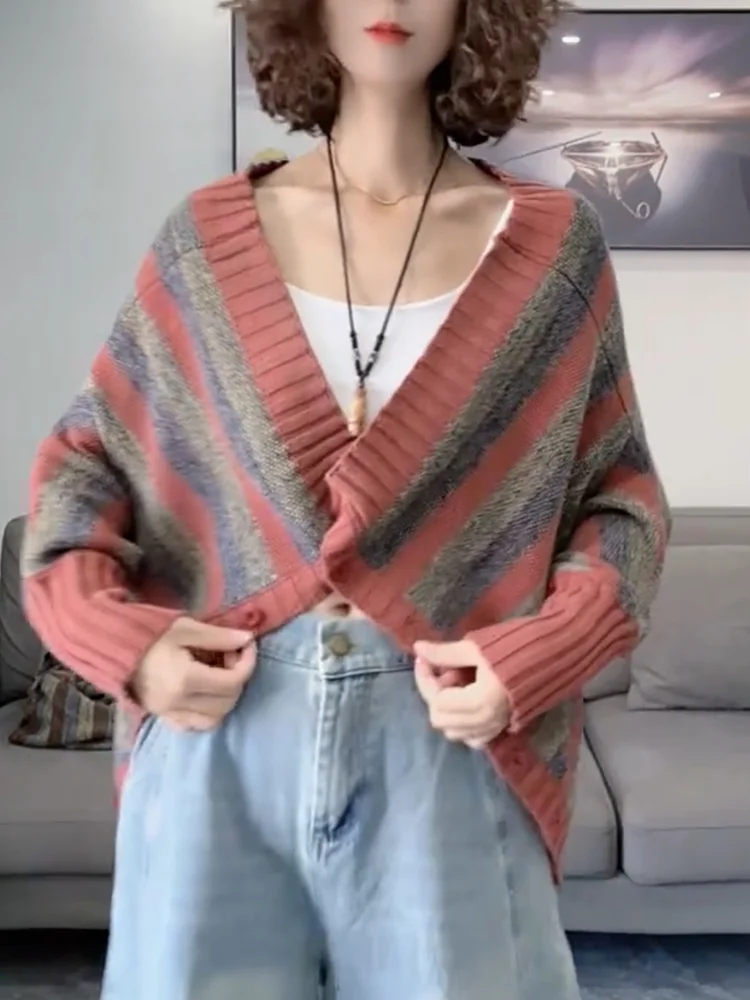 

Женский свитер-кардиган в полоску с V-образным вырезом, больших размеров, модный, универсальный, осень 2025, новинка
