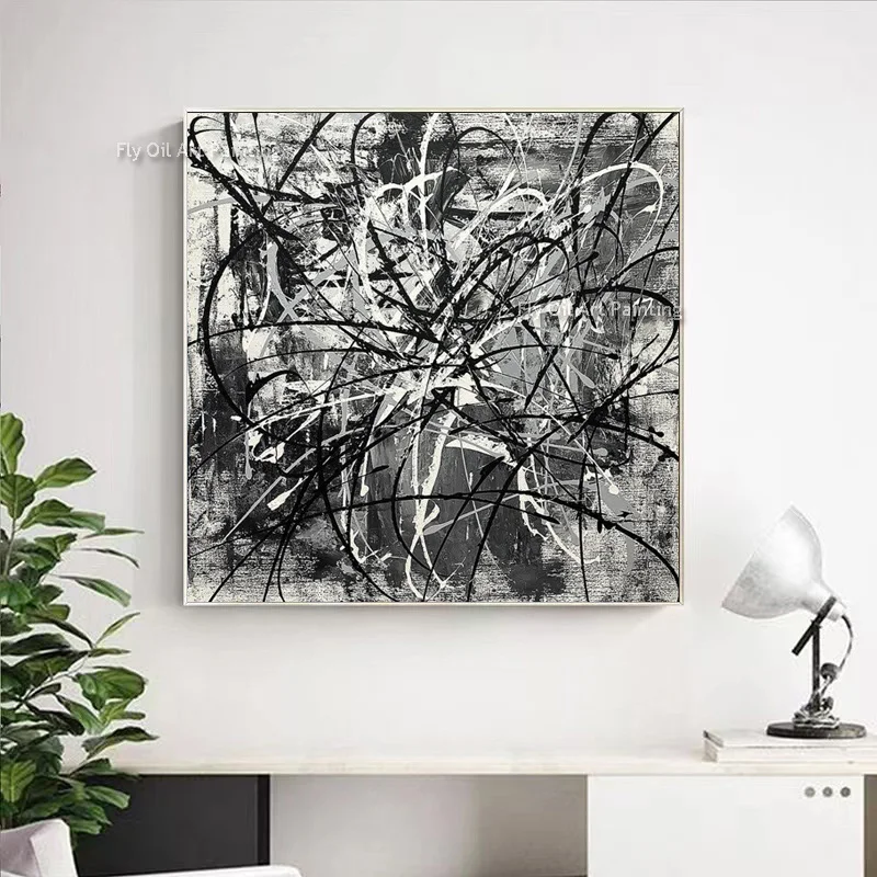 Gray Black White Lines Messy Lines Original Oil Painting Hand Painted Minimalism Design Abstract Black Gray Canvas Art Decor