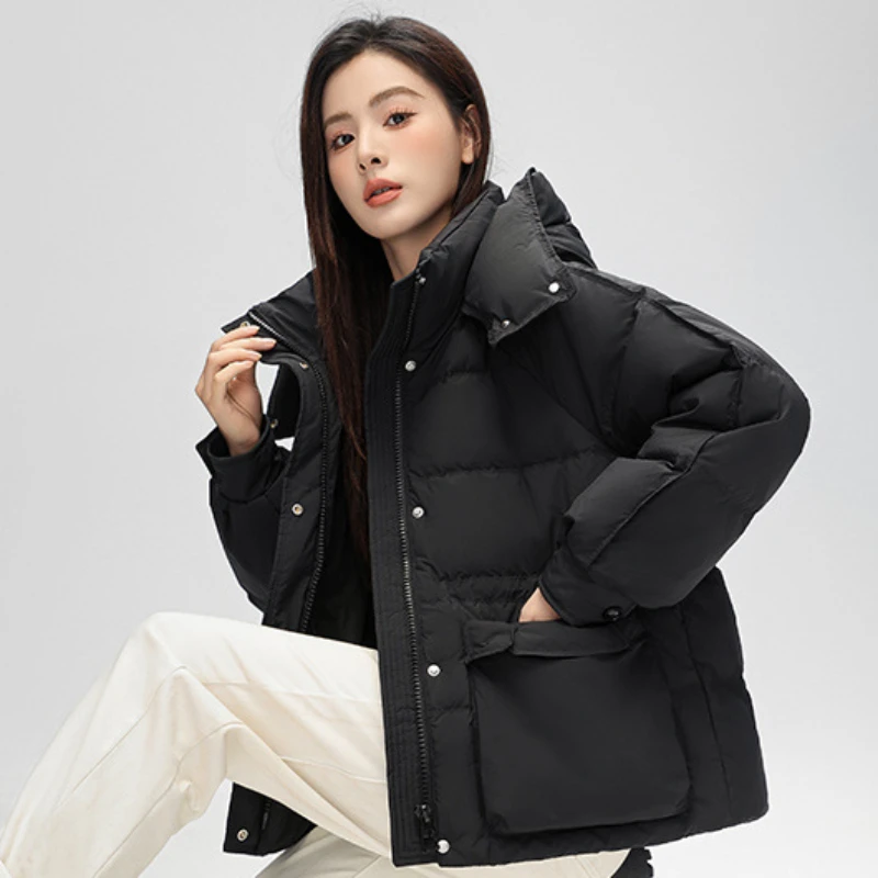 Short Women Jacket Korean Coats Down Fashion Simple Casual Puffer Coat Hooded Drawstring Loose Outerwear Warm Thick Down Jackets