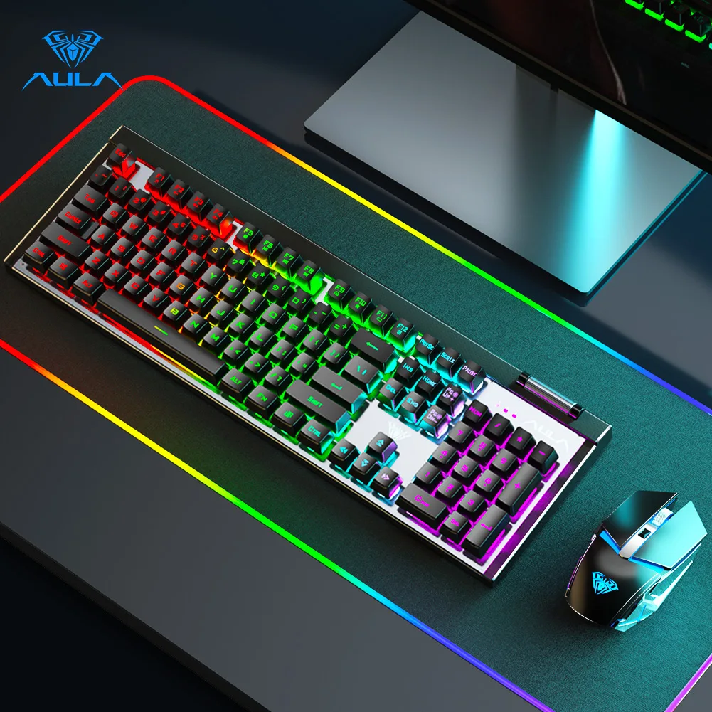 AULA T610 Wireless 2.4G Gaming Mechanical Keyboard and Gaming Mouse Combination Rechargeable Cool Lighting Office Gaming Desktop