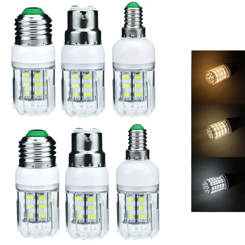 Lâmpada LED de milho, 27 LEDs, lâmpadas, candelabro de Natal, iluminação de velas, 5730 SMD, 110V, 220V, DC 12V, 24V, E27, E14, E12, E26, 7W