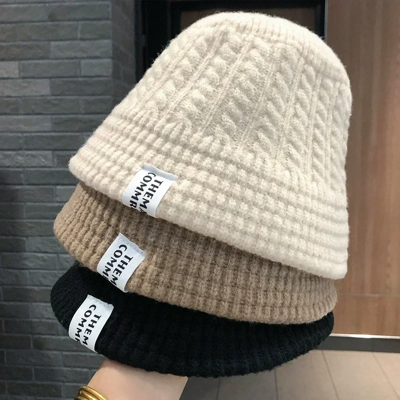 Thick Wool Bucket Hat Korean Fashion Autumn Winter Warm Knitted Panama Cap Fisherman Hats Girl Fisherman Cap Women Crochet Caps