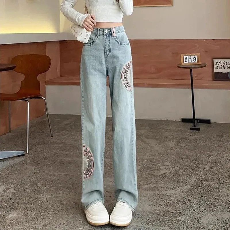 

Весенне-осенние винтажные женские джинсы с высокой талией, модная уличная одежда с вышивкой, широкие джинсы, женские брюки, прямые мешковатые брюки, женские брюки