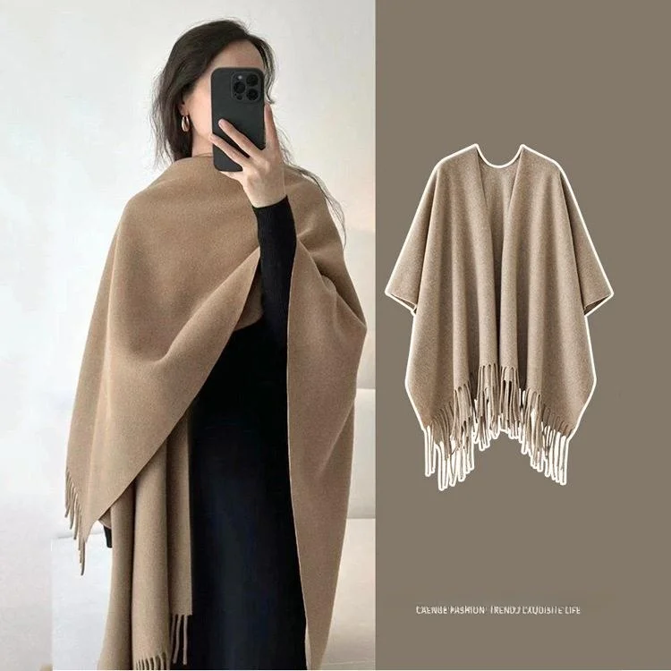 

Winter Warmth Pure Color Women's Shoulder Wrap Coat Drapey Style Fashionable Versatile Trendy Monochromatic Cold Protection