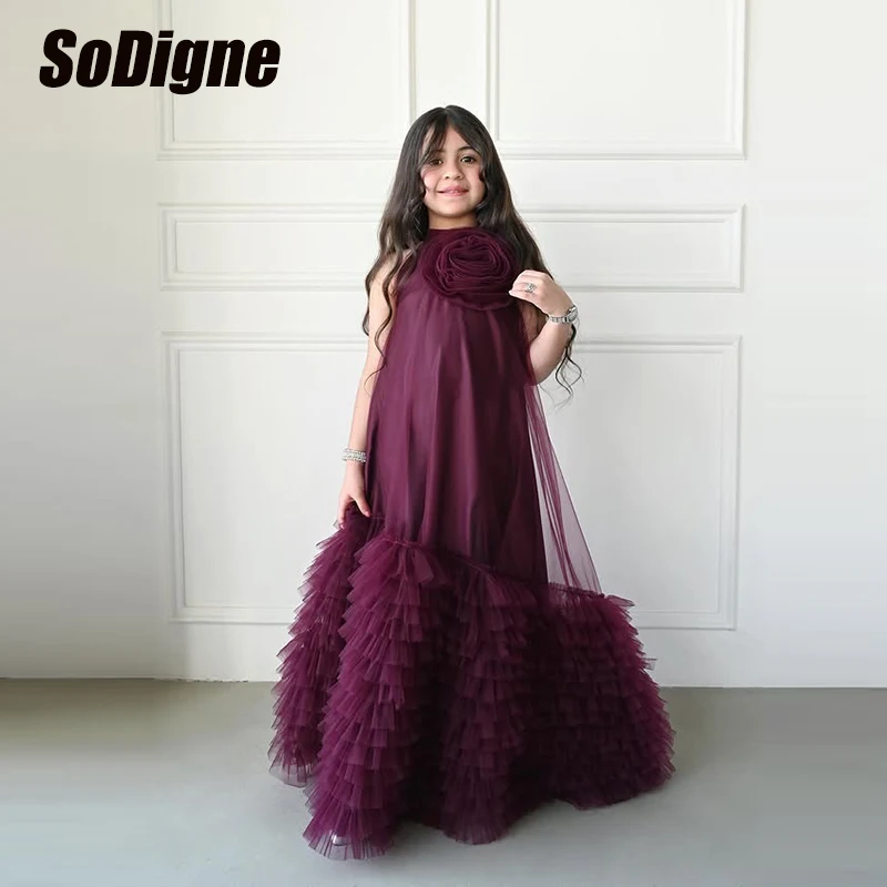 

SoDigne A-line Tulle Flower Girl Dress O-neck Sleeveless Tiered Skirt Girls Party Dresses 2026 Long Kid Gown Customized