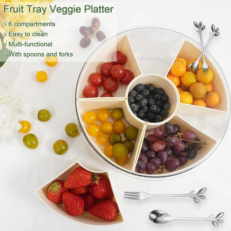 

Six-Grid Rotating Snack Box Container with Handle Kitchen Sealed Spice Storage Box Transparent Dried Fruit Snack Tray-ABRM