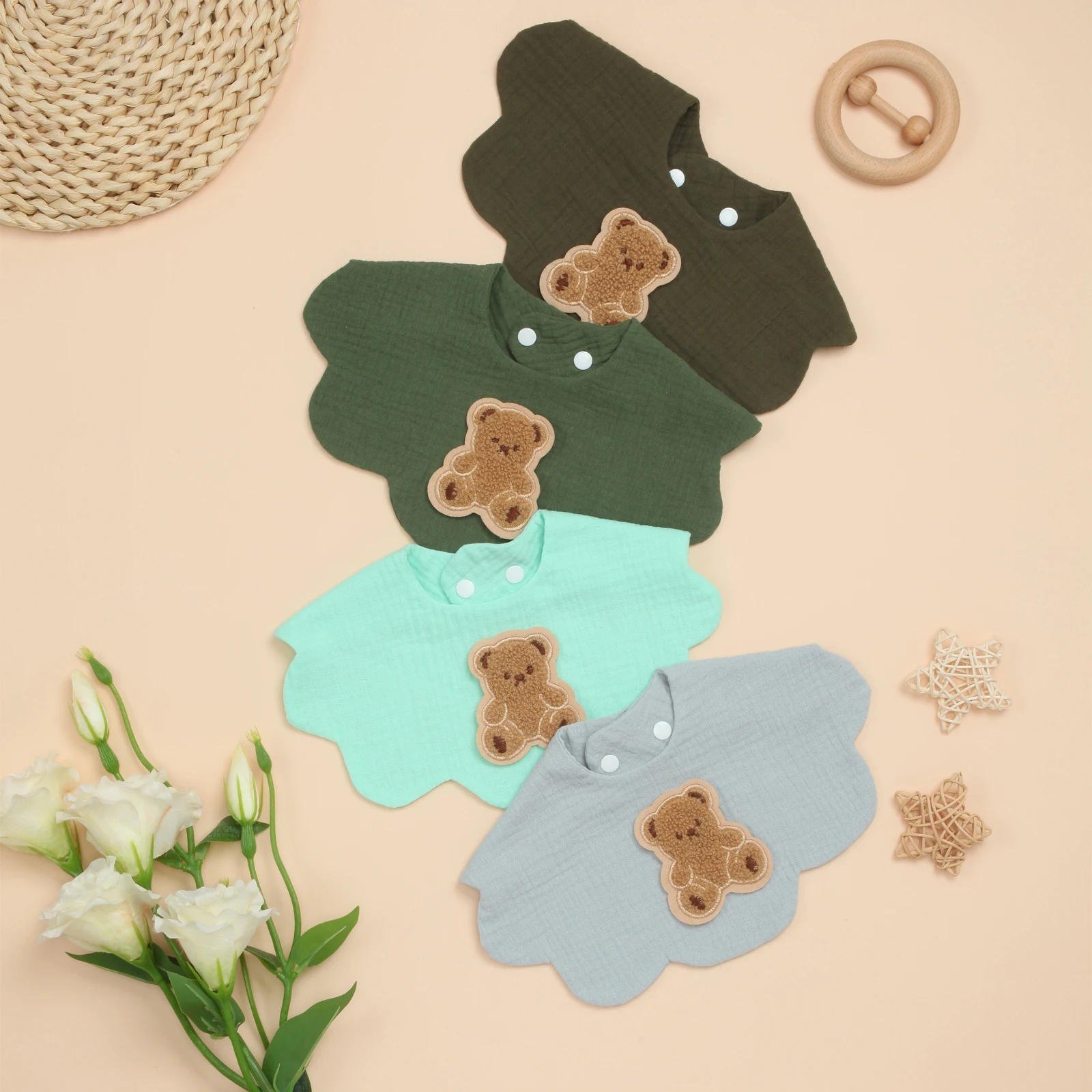 

Комплект из 4 хлопковых детских нагрудников унисекс, мягкие впитывающие детские нагрудники для слюнотечения, прорезывания зубов и кормления