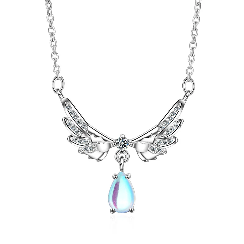 Pear Colorful Moonstone Necklace 925 Sterling Silver Angel Wings Pendant Necklace for Women Statement Gemstone Choker de Prata