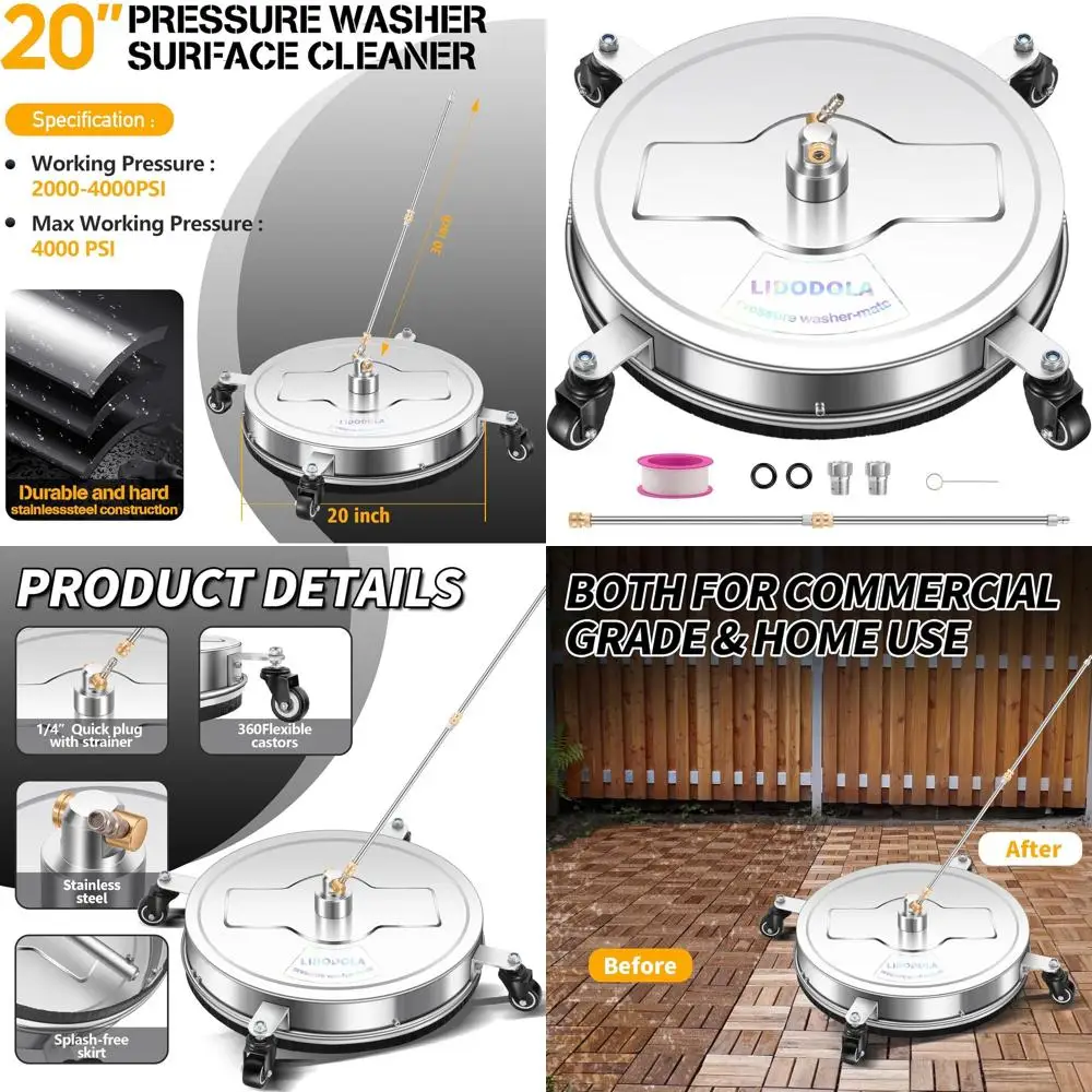 

20-дюймовая насадка для чистки поверхностей с 4 колесами - нержавеющая сталь, для очистки бетона, подъездных дорог, патио, тротуаров, террас