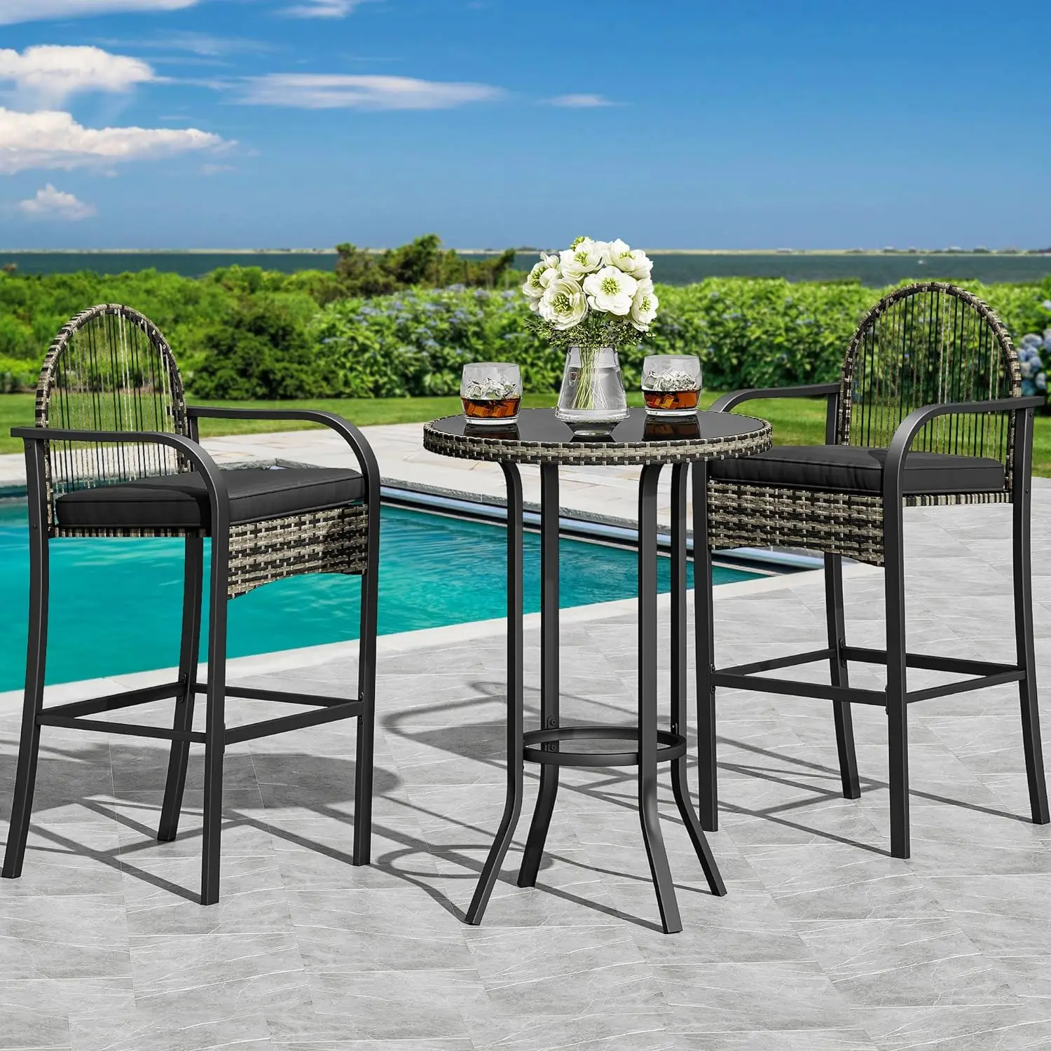 

YITAHOME 3-Piece Patio Bar Table Set, Outdoor Wicker Bar Height Bistro with Soft Cushions, Steel Frame for Poolside Balcony, Bar